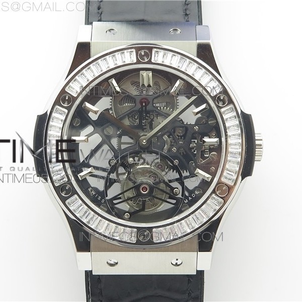 JB공장 클래식퓨전 다이어베젤 스켈레톤다이얼 거미스트랩 Classic Fusion Tourbillion JBF SS Black dial Diamond Bezel on Leather Strap HUB6010