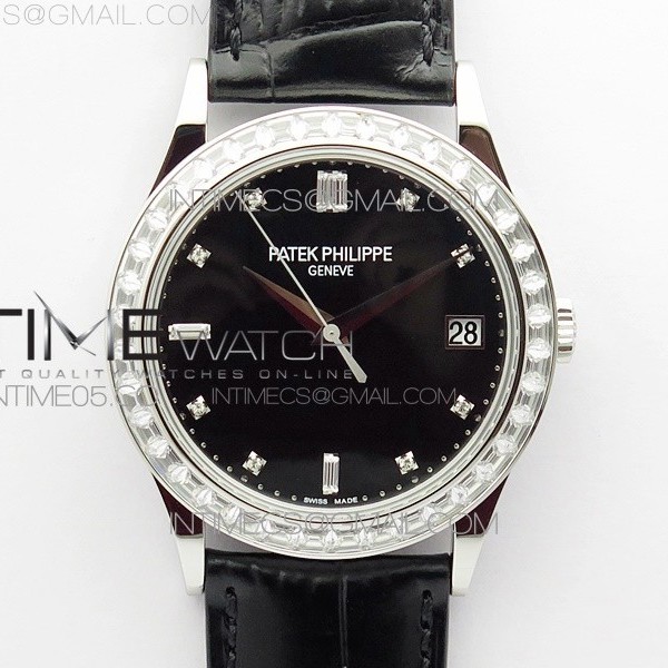 ZF공장 칼라트라바 블랙다이얼 가죽스트랩 Calatrava 5298P-012 SS T Crystal Bezel ZF 1:1 Best Edition Black Dial on Black Leather Strap A324CS