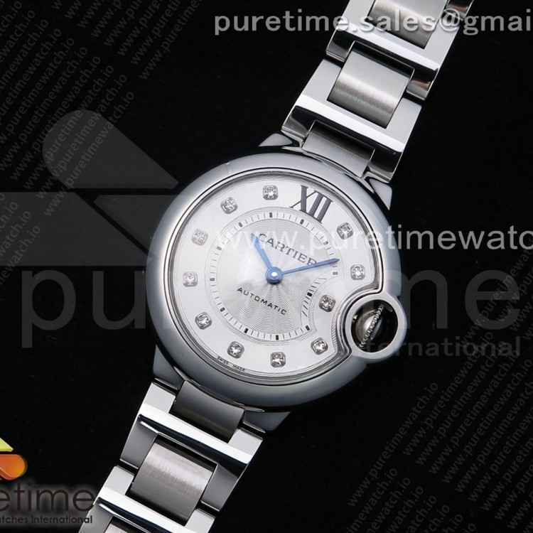 V6공장 까르띠에 발롱블루 33 화이트기요쉐다이얼 브레이슬릿 Ballon Bleu 33mm SS White Textured Dial Diamonds Markers on SS Bracelet Ronda Quartz