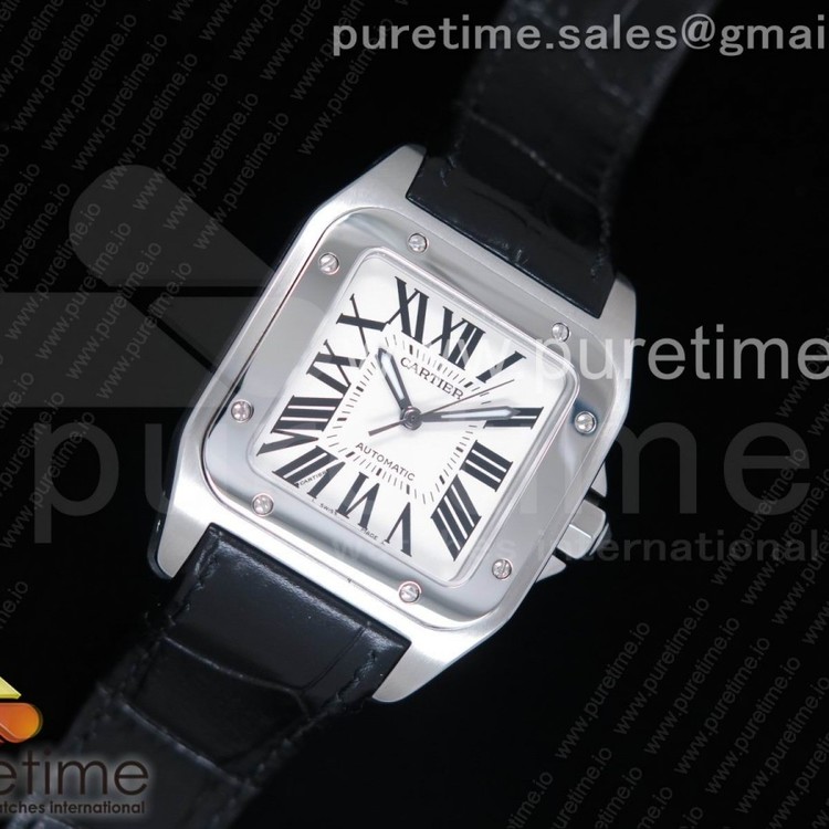KZ공장 까르띠에 산토스100 미디움 스틸 화이트다이얼 가죽스트랩 Santos 100 33mm SS White Dial on Black Leather Strap SEIKO NH05A