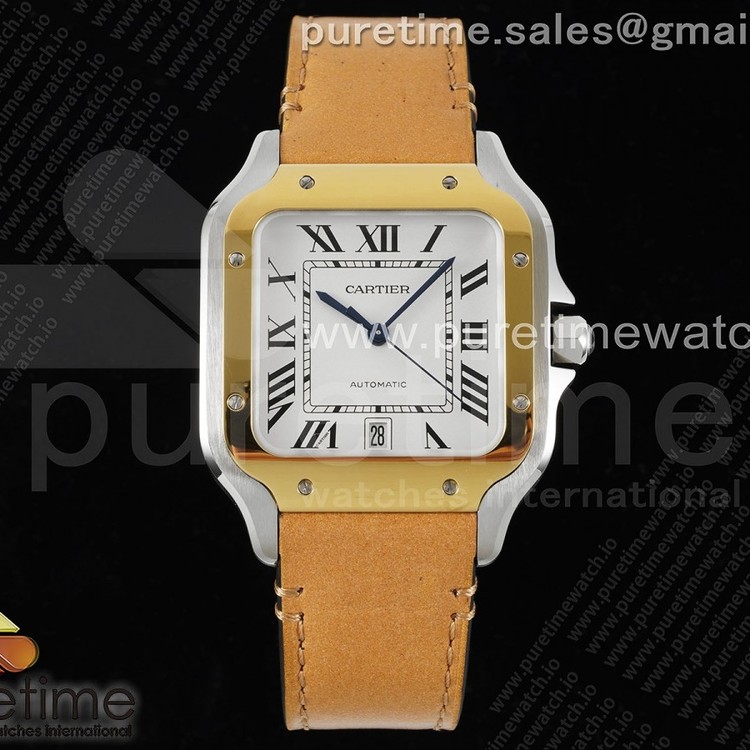 3K공장 까르띠에 산토스 드 까르띠에 40 옐로우골드콤비 화이트다이얼 가죽스트랩 Santos de Cartier 40mm 3KF 1:1 Best Edition White Dial YG Bezel on Brown Leather Strap MIYOTA 9015