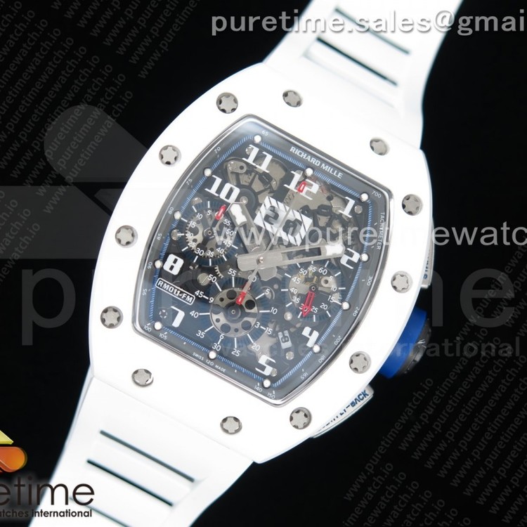 KV공장 리차드밀 RM011 화이트세라믹케이스 스켈레톤다이얼 러버스트랩 RM011 Real White Ceramic Chronograph Crystal Skeleton Dial Blue on White Rubber Strap A7750