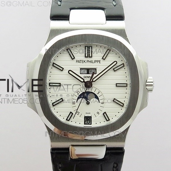 GR공장 V2 노틸러스 애뉴얼캘린더 화이트다이얼 가죽스트랩 NAUTILUS 5726 SS GRF 1:1 BEST EDITION WHITE DIAL WORKING ANNUAL CALENDARON BLACK LEATHER STARP A.324 V2