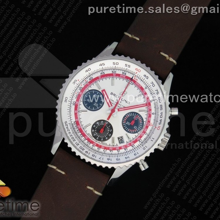 TW공장 브라이틀링 내비타이머 크로노 화이트다이얼 가죽스트랩 Navitimer B01 Chronograph 43 White Dial Steel Markers on Brown Leather Strap A7750