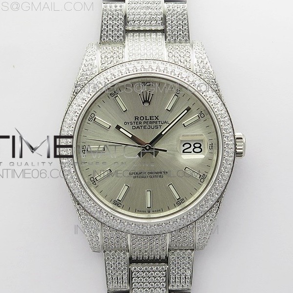 BP공장 롤렉스 데이저스트 41 다이아몬드풀파베 실버다이얼 브레이슬릿 DateJust 41 126334 904 Full Paved Diamonds BP Best Edition Silver Dial Sticks Markers on Oyster Bracelet A2824
