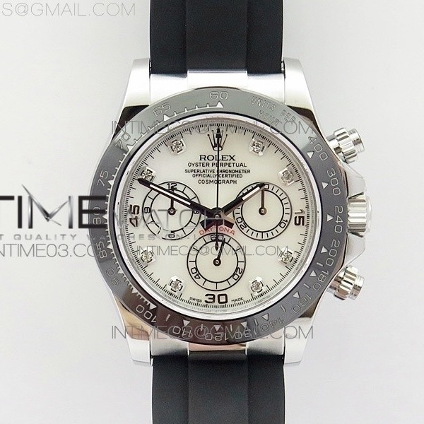 JH공장 롤렉스 데이토나 스틸 세라믹베젤 화이트다이아몬드다이얼 러버스트랩 DAYTONA 116519LN WHITE MOP DIAL CRYSTAL MARKERS ON RUBBER STRAP A4130 (FREE XS RUBBER STRAP)