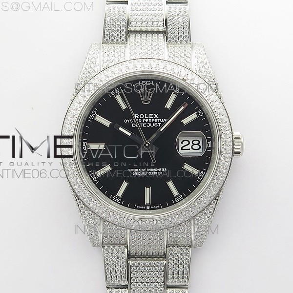 BP공장 롤렉스 데이저스트 41 다이아몬드풀파베 블랙다이얼 브레이슬릿 DateJust 41 126334 904 Full Paved Diamonds BP Best Edition Black Dial Sticks Markers on Oyster Bracelet A2824