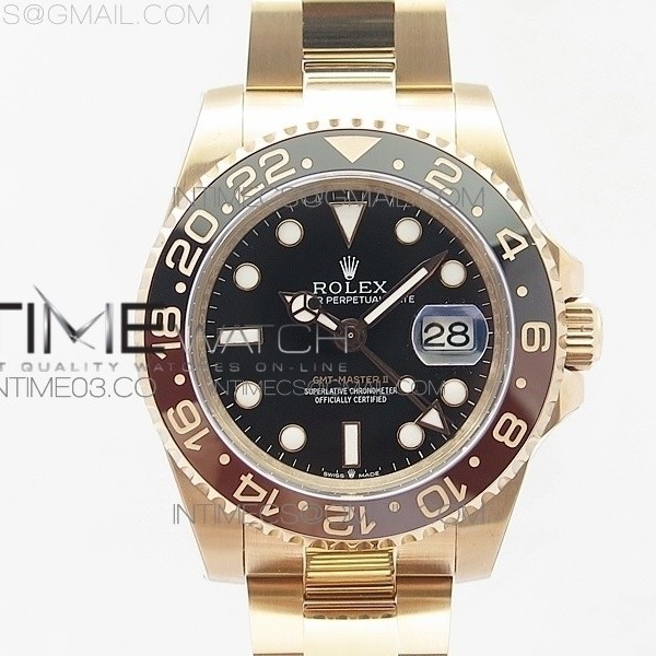 BP공장 롤렉스 GMT마스터 루트비어 금장 브레이슬릿 GMT-MASTER II 126715 CHNR RG BLACK/BROWN CERAMIC BEZEL BLACK DIAL ON RG BRACELET A2836