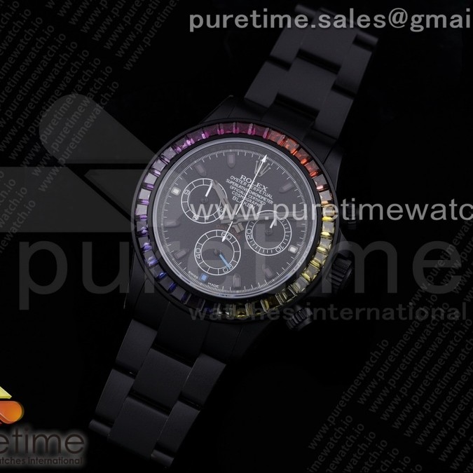 OX공장 데이토나 PVD 블랙다이얼 Daytona Blaken Rainbow Crystal Bezel PVD OXF Best Edition Black Dial on PVD Bracelet A7750