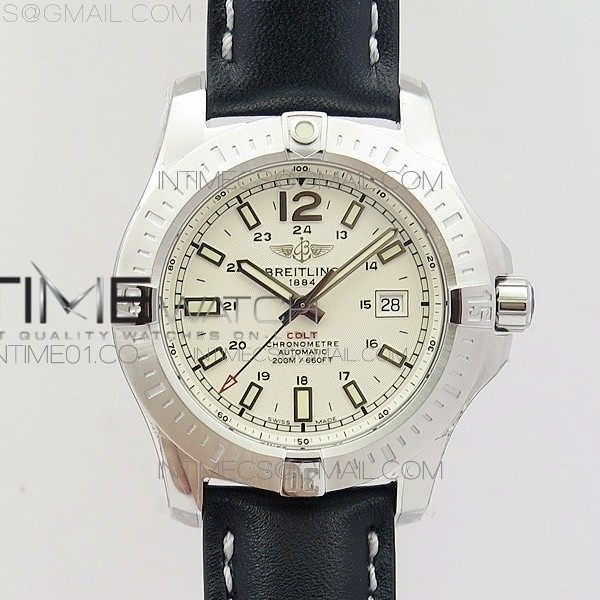 GF 브라이틀링 콜트 스틸 화이트다이얼 가죽스트랩 CLOT CHRONOMETER SS WHITE STICKS MARKER DIAL ON BLACK LEATHER STRAP A2824