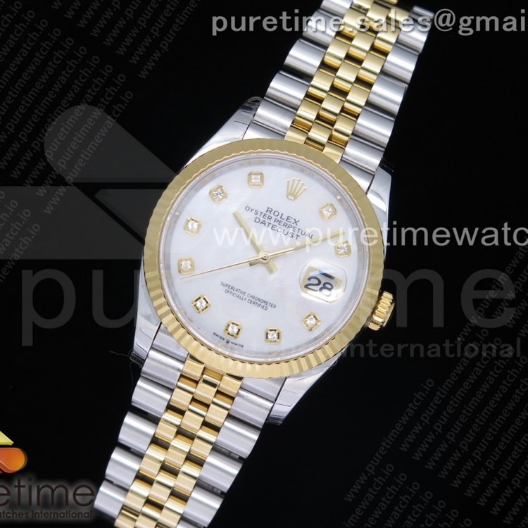 EW공장 롤렉스 데이저스트 36 옐로우골드콤비 자개다이얼 쥬빌레브레이슬릿 DateJust 36 SS/YG 126233 White MOP Dial Diamonds Markers on Jubilee Bracelet A3235