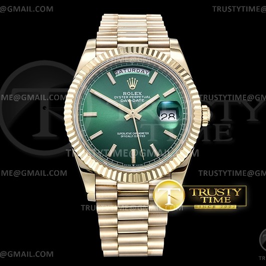GM공장 롤렉스 데이데이트 36 옐로우골드 금통 그린다이얼 2836 DayDate 40mm 904L Flt YG/YG Green/Stk Rmn GMF A2836