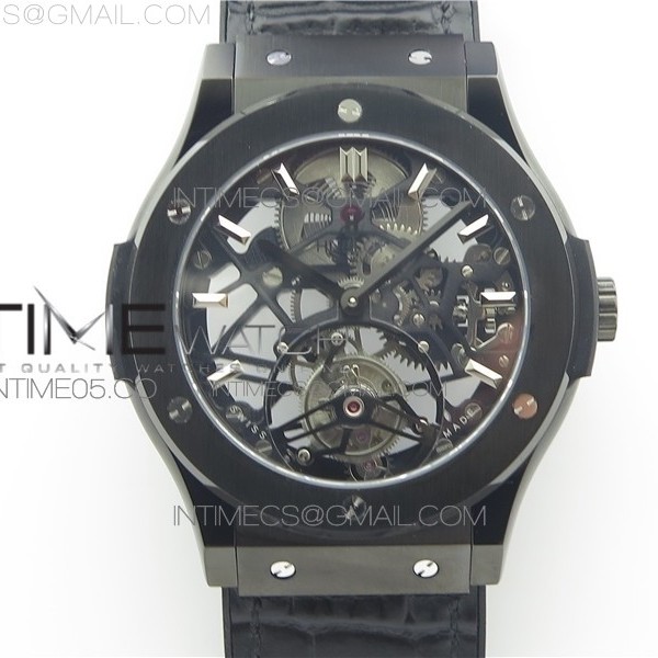 JB공장 클래식퓨전 DLC 스켈레톤다이얼 거미스트랩 Classic Fusion Tourbillion JBF SS DLC Black dial Ceramic Bezel on Leather Strap HUB6010