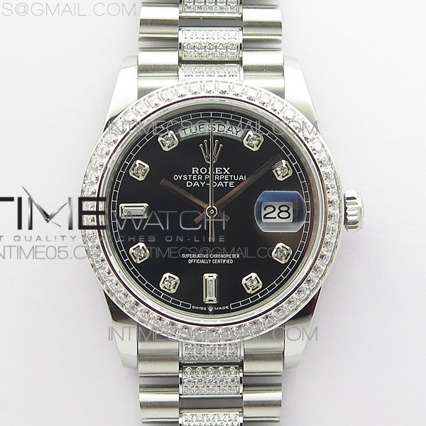 BP공장 롤렉스 데이데이트 36미리 블랙다이얼 2836 Day-Date 36 128239 SS/Crystal BP Best Edition Black Crystal Markers Dial on SS President Bracelet A2836