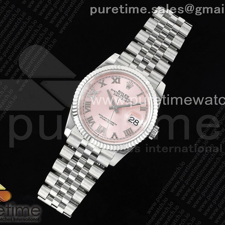 JD공장 롤렉스 데이저스트 36 스틸 핑크다이아몬드다이얼 플루티드베젤 주빌레브레이슬릿 Datejust 36 SS 904L Steel JDF 1:1 Best Edition Pink Dial Diamonds 6/9 Markers on SS Bracelet VR3235