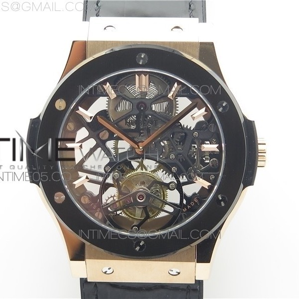 JB공장 위블로 클래식퓨전 로즈골드 금통 스켈레톤다이얼 거미스트랩 Classic Fusion Tourbillion JBF SS Black dial Ceramic Bezel on Leather Strap HUB6010