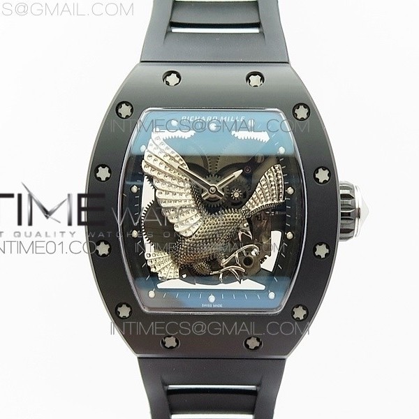 KV 리차드밀 RM023 풀세라믹 이글 스켈레톤다이얼 RM023 REAL CERAMIC CASE EAGLE SKELETON DIAL SS CROWN ON BLACK RUBBER STRAP MIYOTA8215