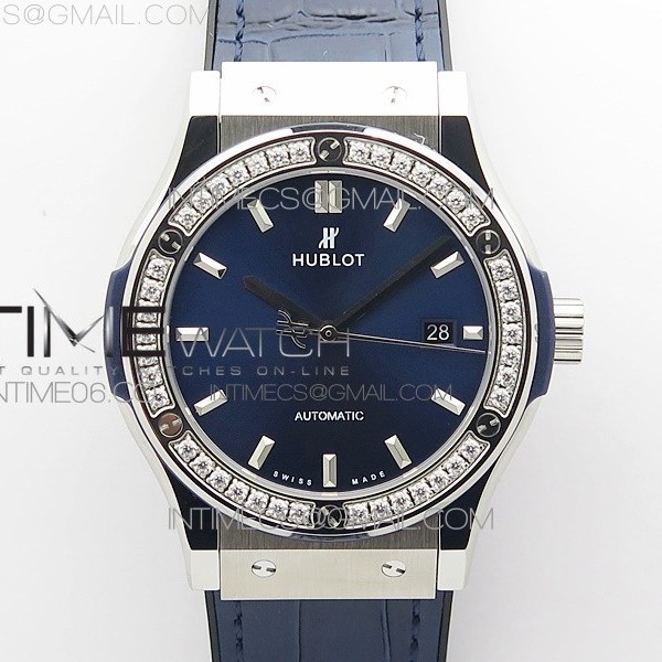 B50공장 위블로 클래식퓨전 스틸 다이아몬드베젤 블루다이얼 블루거미스트랩 Classic Fusion 42mm SS Paved Diamonds Bezel B50F Blue Dial On Blue Gummy Strap A2892