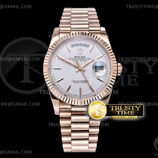 BP공장 롤렉스 데이데이트 36MM 로골 화이트다이얼 DayDate 36mm Flt RG/RG White Stk BP Asia 2836