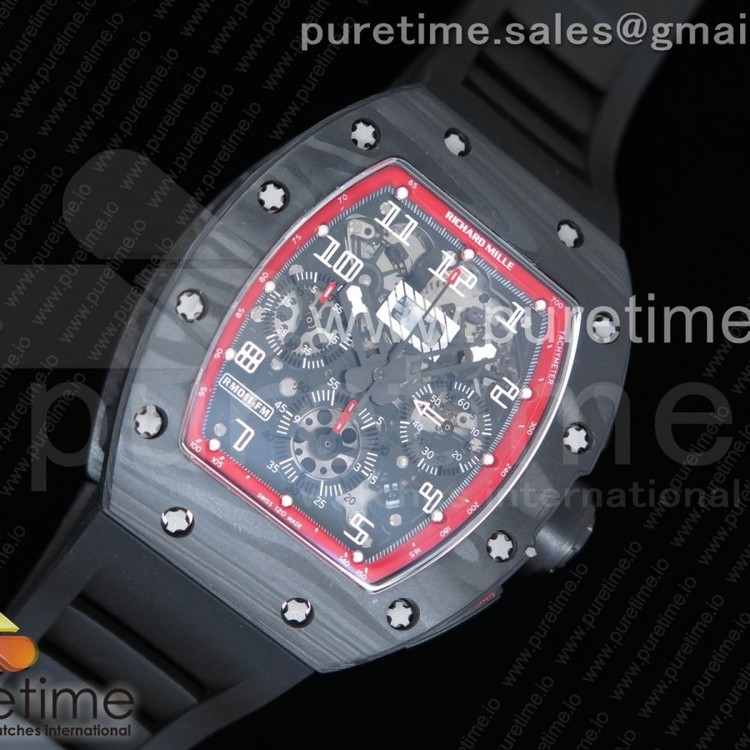KV공장 리차드밀 RM011 NTPT 카본크로노 스켈레톤 레드이너베젤 블랙러버스트랩 RM011 NTPT Carbon Chrono Crystal Skeleton Dial Red Inner Bezel on Black Rubber Strap A7750