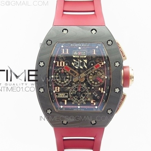 KV공장 리차드밀 RM011 카본 크로노그래프 로즈골드콤비 러버스트랩 RM011 RG CASE CHRONOGRAPH CARBON BEZEL SKELETON DIAL ON RED RUBBER STRAP A7750