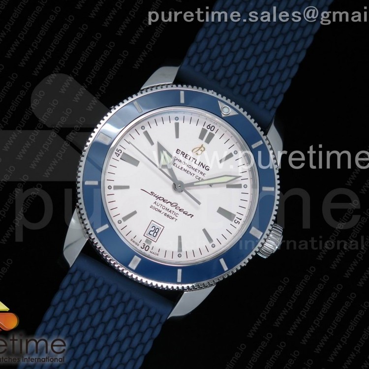 OM공장 브라이틀링 슈퍼오션 헤리티지2 스틸 화이트다이얼 블루베젤 러버스트랩 SuperOcean Heritage ii 42mm SS White Dial Blue Bezel on Blue Rubber Strap A2824 (Free Rubber Strap)