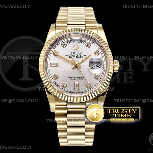 BP공장 롤렉스 데이데이트 36 옐로우골드 금통 실버다이얼 브레이슬릿 DayDate 36mm Flt Pres YG/YG Slv Wht Diam BP Asia 2836