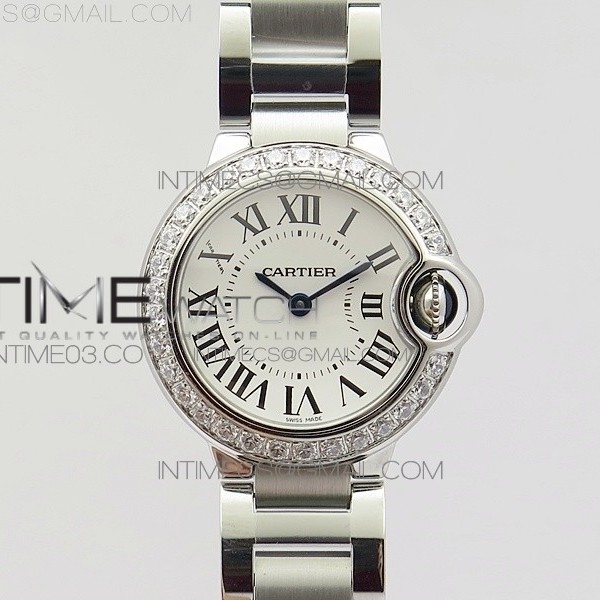 V6공장 v2 28미리 까르띠에 발롱블루 크리스탈베젤 BALLON BLEU LADIES 28MM CRYSTAL BEZEL SS WHITE DIAL ON SS BRACELET RONDA QUARTZ