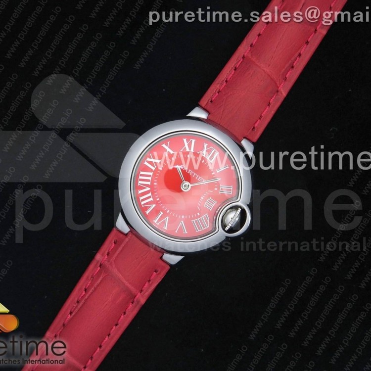 V6공장 까르띠에 발롱블루 28MM 스틸 레드다이얼 레드가죽스트랩 Ballon Bleu 28mm SS Red Dial on Red Leather Strap Ronda Quartz