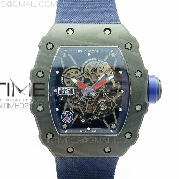KV V2 리차드밀 RM035-01 카본 레드크라운 블루나일론스트랩 RM035-01 FORGED CARBON CASE V2 SKELETON DIAL BLUE CROWN ON BLUE NYLON STRAP MIYOTA8215