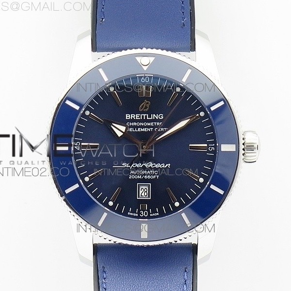 브라이틀링 슈퍼오션 헤리티지2 블루인서트 블루다이얼 블루가죽스트랩 SUPER OCEAN HERITAGE BLUE CERAMIC BEZEL SS BLUE DIAL ON BLUE GUMMY STRAP A2824
